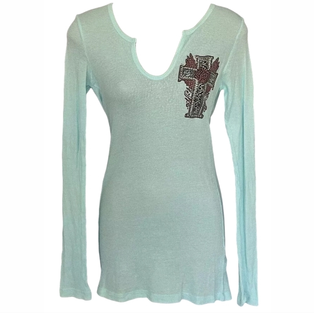 Vocal Womens Embellished Crystal Cross Long Sleeve Top Sage Green "FLAWD"